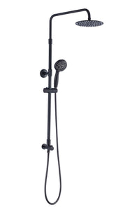 Aurea rain shower system in oil rubbed bronze has a 3-setting handheld shower and height adjustable shower head