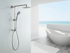 Fennocasa Polaris 1 brushed nickel rain shower head with handheld wand combo in white brightly lit bathroom with a big white bath tub and ocean view.