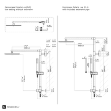 Load image into Gallery viewer, Fennocasa Polaris Lux measurements in technical drawing. Measurements shown with and without the vertical extension pipe that can lift the rain shower head up by 8 inches.