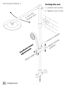 The shower arm has swivel function and can be turned left and right. This is handy if your current shower outlet is not centred in the wall. By turning the arm, you can get the rain shower head in the middle of your shower space. The handheld shower holder allows angle adjustment as well as lifting it up and down.