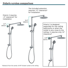 Load image into Gallery viewer, Comparison between Polaris 1 and Polaris 3 shower models. With Polaris 1, the rain showerhead is approximately at the same height as your shower outlet in the wall. With Polaris 3, you can lift the shower head higher to get more headroom under the rain shower head.