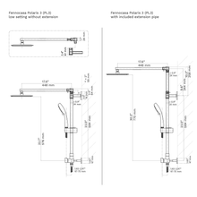 Load image into Gallery viewer, Polaris 3 rain shower system measurements. Study this carefully and check against your shower measurements. We also offer custom length shower arm, shower column and height extension. The measurements are shown with and without the vertical extension pipe that can lift the rain shower head up by 8 inches.