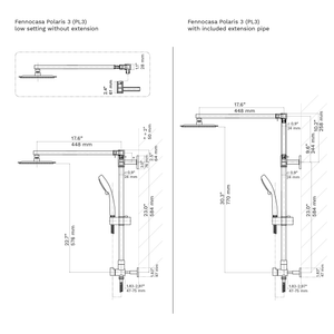 Polaris 3 rain shower system measurements. Study this carefully and check against your shower measurements. We also offer custom length shower arm, shower column and height extension. The measurements are shown with and without the vertical extension pipe that can lift the rain shower head up by 8 inches.
