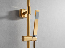 Load image into Gallery viewer, The Polaris Lux rain shower set's handheld shower with hose has a brass made body. The rectangular shape matches with other details of the shower combo with square shower head.