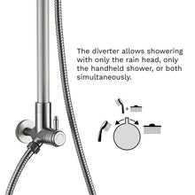 Load image into Gallery viewer, The diverter is conveniently located and easy to reach – even for children and those with physical disabilities. It allows showering with the rain head, handheld shower, or both simultaneously. When used simultaneously, the water flow is divided between the outlets.
