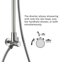 Load image into Gallery viewer, The diverter is conveniently located and easy to reach – even for children and those with physical disabilities. It allows showering with the rain head, handheld shower, or both simultaneously. When used simultaneously, the water flow is divided between the outlets.