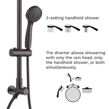 Load image into Gallery viewer, The handheld shower head has 3 settings. Wide general spray for washing yourself and to use like a regular shower head. 2nd setting enables all nozzles and is great for rinsing shampoo out of thick hair. 3rd setting is massage function: water comes out from the middle nozzles with higher pressure, great to relax sore muscles. The diverter is conveniently located and easy to reach even for children. It allows showering with the rain head, handheld shower, or both simultaneously.
