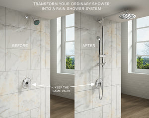 20 minute easy installation: connects to existing plumbing. Use your existing shower faucet and replace your regular shower head with a shower head and handheld shower combo. No extensive renovation is needed to upgrade your bathroom into a spa-like luxury shower.