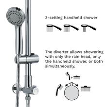 Load image into Gallery viewer, The handheld shower head has 3 settings. Wide general spray for washing yourself and to use like a regular shower head. 2nd setting enables all nozzles and is great for rinsing shampoo out of thick hair. 3rd setting is massage function: water comes out from the middle nozzles with higher pressure, great to relax sore muscles.