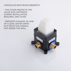 Concealed box shower valve offers multiple benefits: prevents water damage in case of cartridge failure. The plastic cover protects the valve and cartridge during installation, building and tiling.