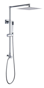 Fennocasa Polaris Lux polished chrome shower system is a rain shower head with 10" square rainfall showerhead and handheld shower combo