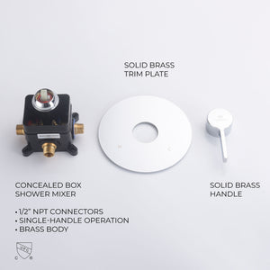 Fennocasa shower mixer valve has volume and temperature control and is made of brass. Concealed box design adds safety and protects the faucet during installation. The mixer valve faucet is tested and cUPC certified.