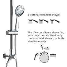 Load image into Gallery viewer, Fennocasa Polaris 2 has a 3-setting handheld shower and a diverter that allows showering with the rain shower head, handheld shower or both simultaneously
