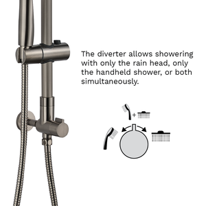 The diverter is conveniently located and easy to reach even for children. It allows showering with the rain head, handheld shower, or both simultaneously. When used simultaneously, the water flow is divided between the outlets.