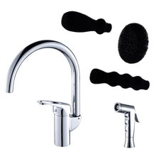 Load image into Gallery viewer, Grana Dish Genie Agrion kitchen faucet in chrome finishing with three different included dish sponge attachments
