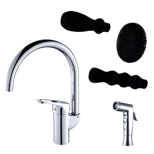 Grana Dish Genie Agrion kitchen faucet in chrome finishing with three different included dish sponge attachments