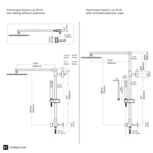 Load image into Gallery viewer, Fennocasa Polaris Lux measurements in technical drawing. Measurements shown with and without the vertical extension pipe that can lift the rain shower head up by 8 inches.
