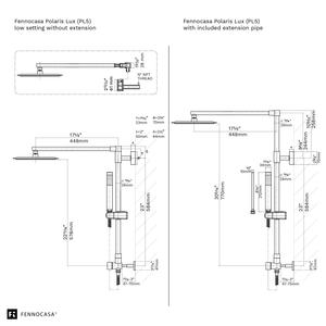 Fennocasa Polaris Lux measurements in technical drawing. Measurements shown with and without the vertical extension pipe that can lift the rain shower head up by 8 inches.