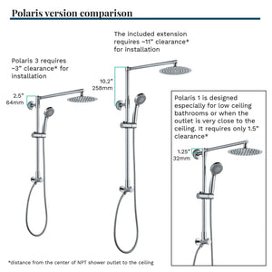 Comparison between Polaris 1 and Polaris 3 shower models. With Polaris 1, the rain showerhead is approximately at the same height as your shower outlet in the wall. With Polaris 3, you can lift the shower head higher to get more headroom under the rain shower head.