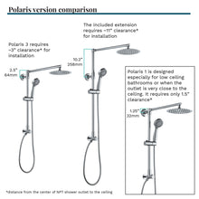 Load image into Gallery viewer, Comparison between Polaris 1 and Polaris 3 shower models. With Polaris 1, the rain showerhead is approximately at the same height as your shower outlet in the wall. With Polaris 3, you can lift the shower head higher to get more headroom under the rain shower head.
