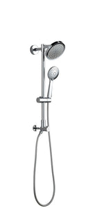 Chrome shower set with 6" high-pressure rain shower head and handheld spray. Fennocasa Polaris 2 double outlet shower features a 3-setting handheld shower and a 6" overhead showerhead.
