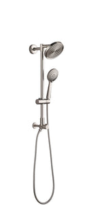 Brushed nickel shower set with 6" high-pressure rain shower head and handheld spray. Fennocasa Polaris 2 double outlet shower features a 3-setting handheld shower and a 6" overhead showerhead.