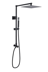 Fennocasa Polaris Lux rain shower set with 10"  black square shower head with handheld. It features a slim, metal-made handheld shower in matte black finish.