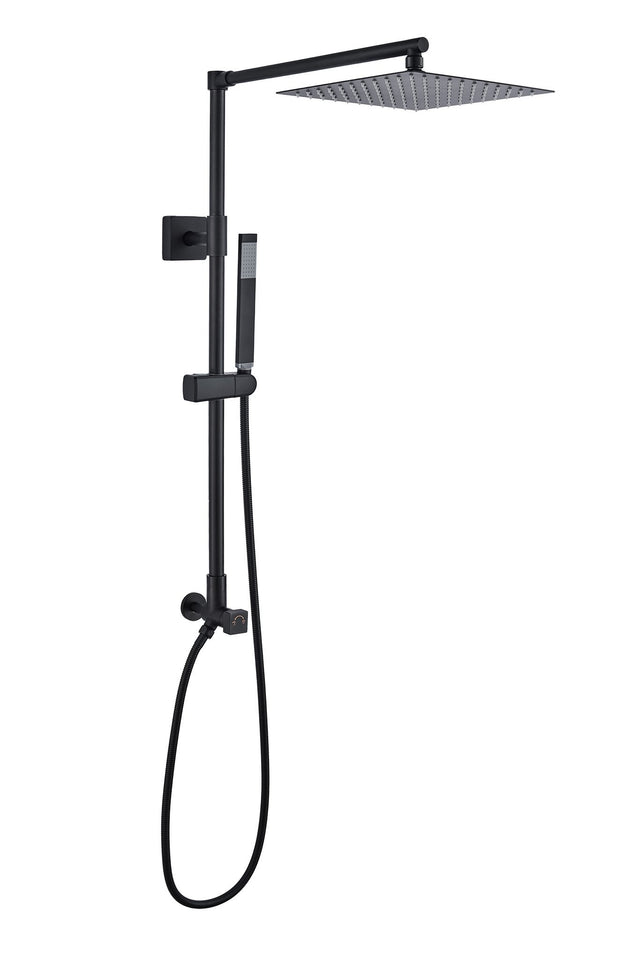 Fennocasa Polaris Lux rain shower set with 10"  black square shower head with handheld. It features a slim, metal-made handheld shower in matte black finish.