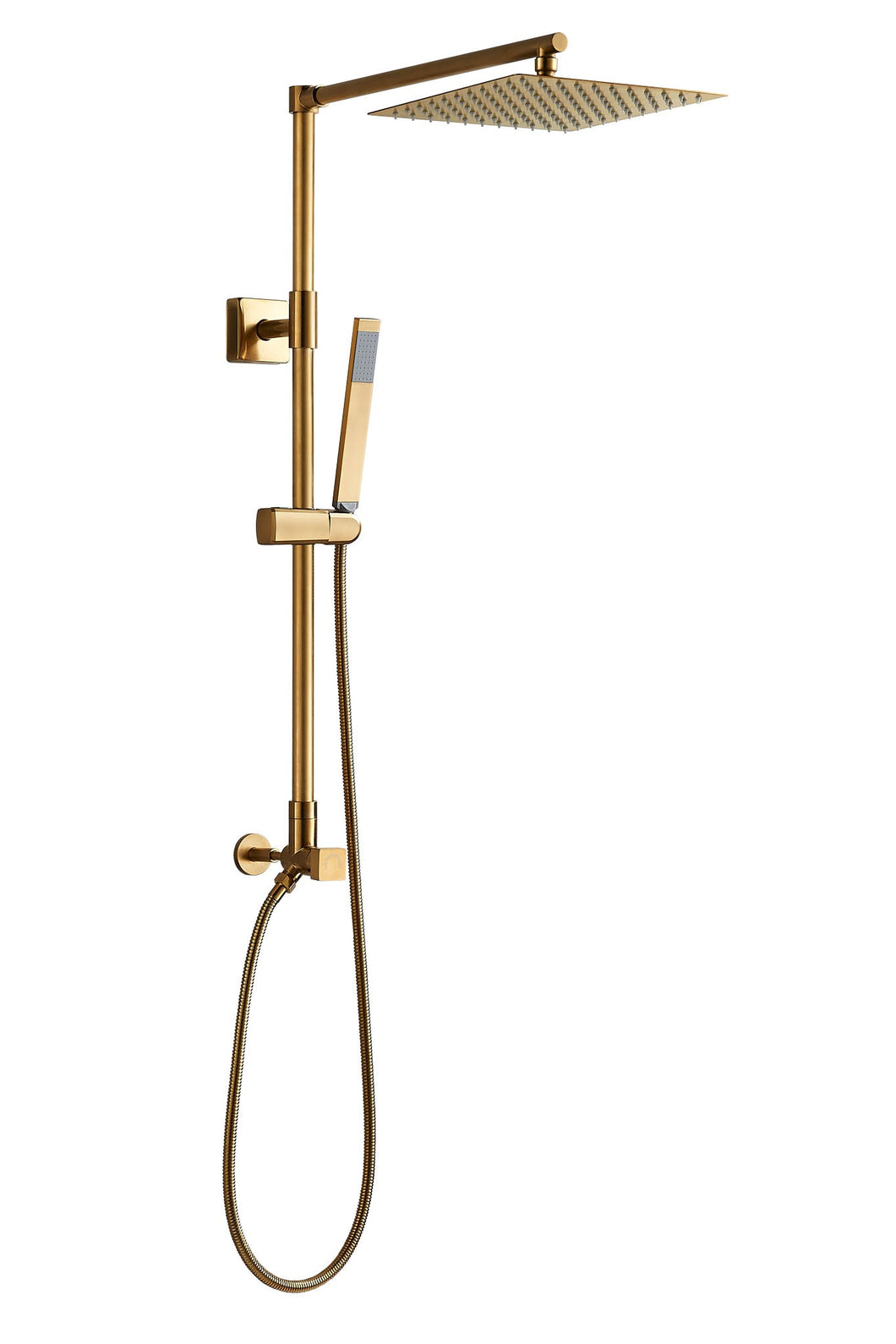 Brushed gold square rain shower head with hose and a slim, metal-made handheld shower. 10