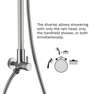 The diverter is conveniently located and easy to reach – even for children and those with physical disabilities. It allows showering with the rain head, handheld shower, or both simultaneously. When used simultaneously, the water flow is divided between the outlets.