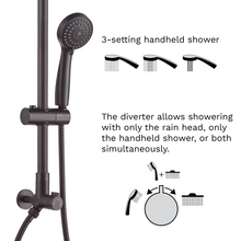 Load image into Gallery viewer, The handheld shower head has 3 settings. Wide general spray for washing yourself and to use like a regular shower head. 2nd setting enables all nozzles and is great for rinsing shampoo out of thick hair. 3rd setting is massage function: water comes out from the middle nozzles with higher pressure, great to relax sore muscles. The diverter is conveniently located and easy to reach even for children. It allows showering with the rain head, handheld shower, or both simultaneously.
