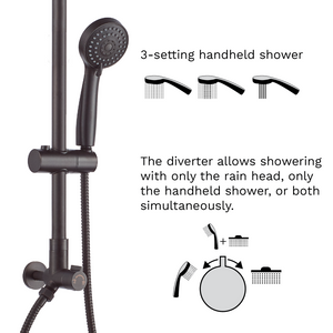 The handheld shower head has 3 settings. Wide general spray for washing yourself and to use like a regular shower head. 2nd setting enables all nozzles and is great for rinsing shampoo out of thick hair. 3rd setting is massage function: water comes out from the middle nozzles with higher pressure, great to relax sore muscles. The diverter is conveniently located and easy to reach even for children. It allows showering with the rain head, handheld shower, or both simultaneously.
