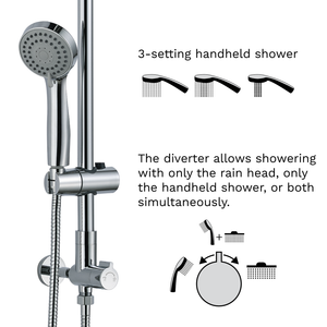 The handheld shower head has 3 settings. Wide general spray for washing yourself and to use like a regular shower head. 2nd setting enables all nozzles and is great for rinsing shampoo out of thick hair. 3rd setting is massage function: water comes out from the middle nozzles with higher pressure, great to relax sore muscles.